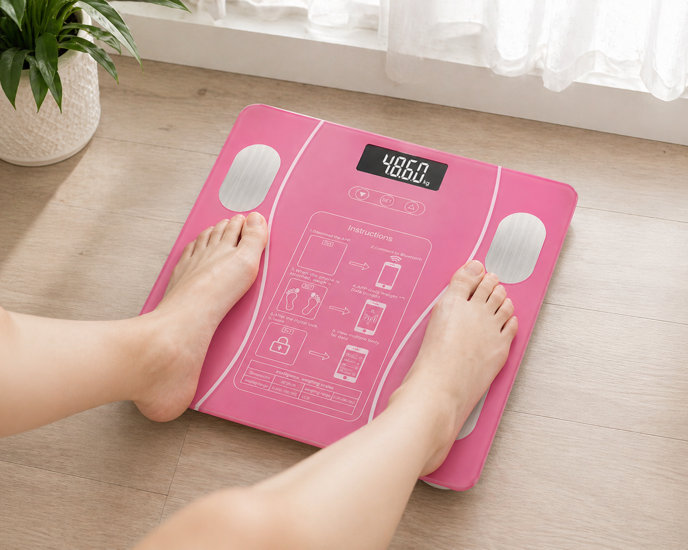 Balança Digital Inteligente até 180kg com Visor LCD Rosa